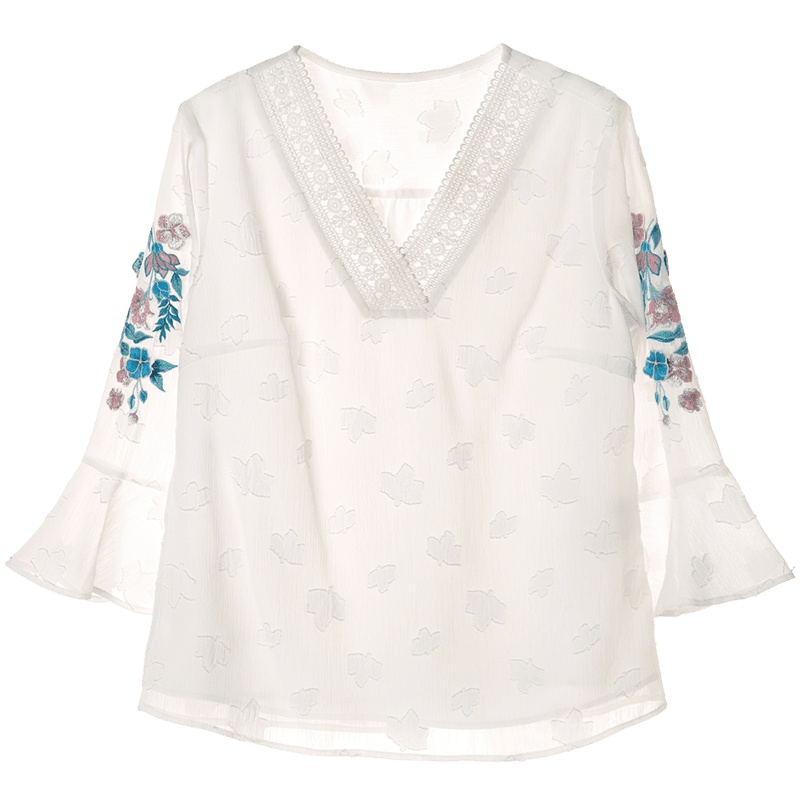 裂帛刺绣蕾丝衬衫新款V领淑文艺七分袖宽松白色衬衣