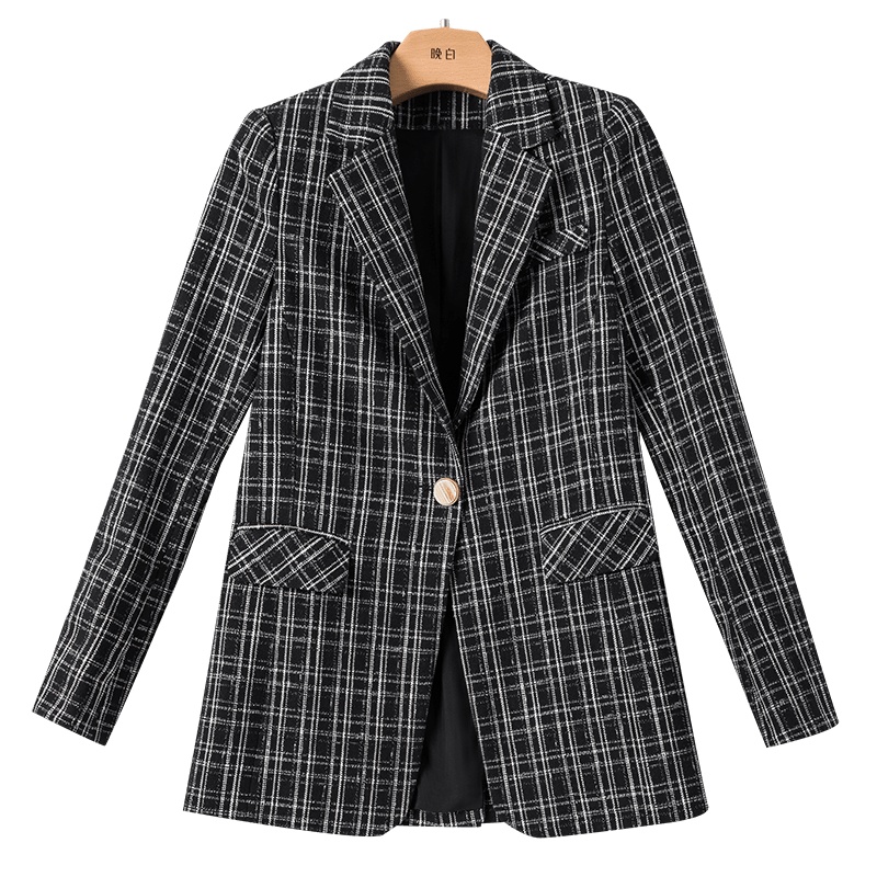 晚白2020秋冬新品时尚通勤格子修身显瘦一粒扣小香风西装外套女