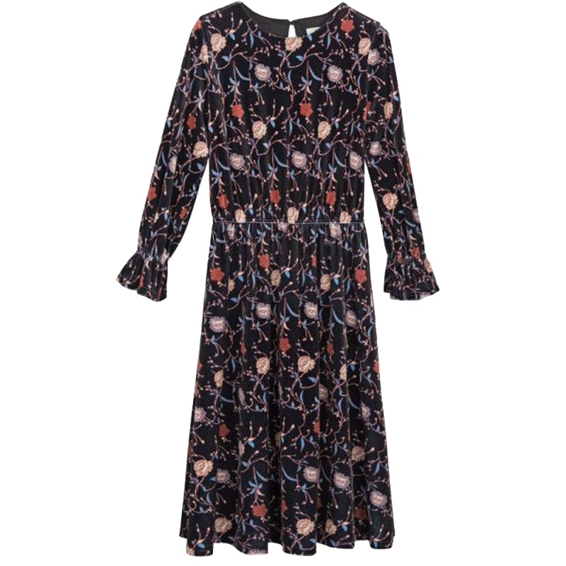 拉贝缇秋装新款碎花连衣裙显瘦松紧腰A字裙长袖气质淑女60300206