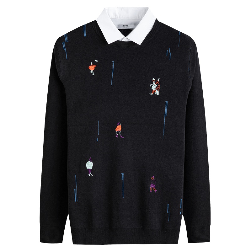 雪中飞新款男士针织衫假两件翻领套头衫休闲小清新风