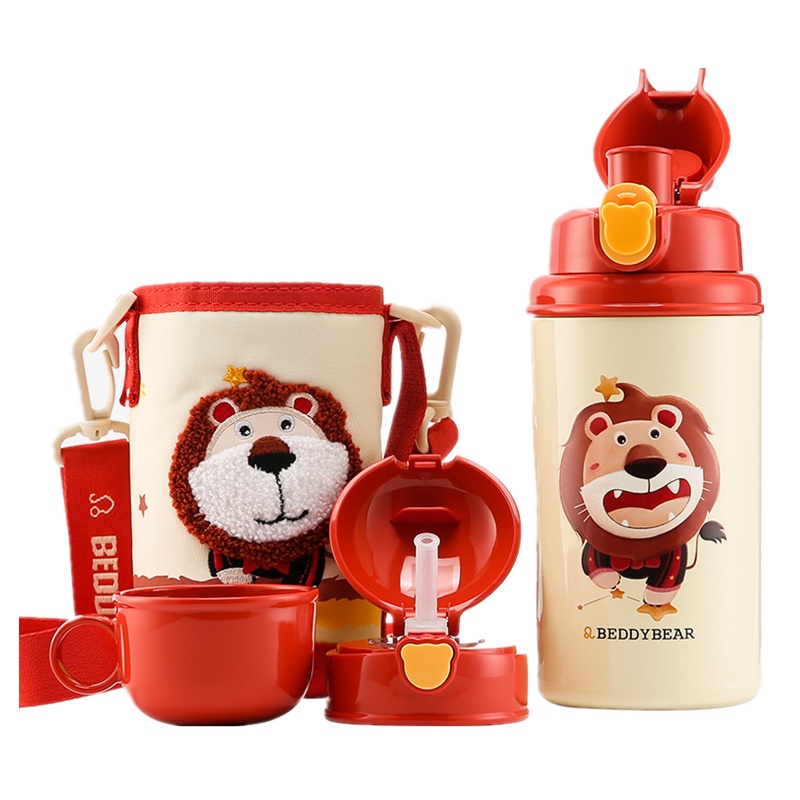 (免费刻字)狮子座杯具熊儿童保温杯带吸管儿童水杯316不锈钢内胆宝宝学饮杯儿童保温壶550mlBEDDYBEAR