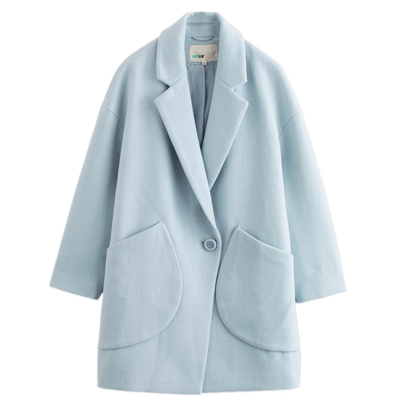 茵曼女装冬装新款简约后背字母印花中长款呢外套大衣