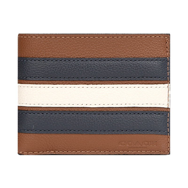 蔻驰(COACH)男士皮革短款钱包钱夹 棕色蓝白条