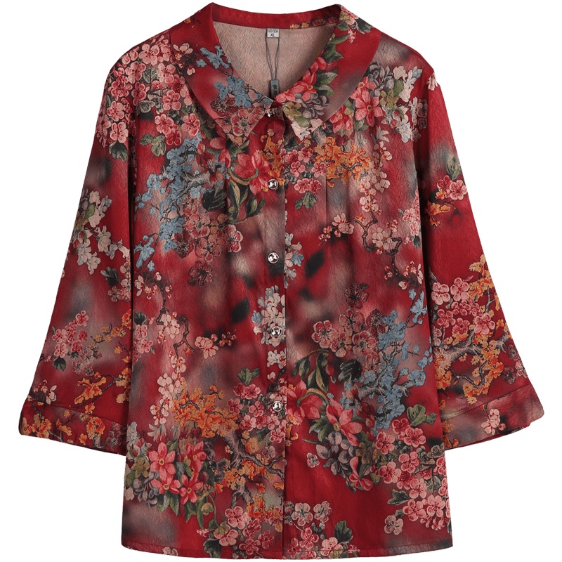 恒源祥中年妈妈装春夏印花衬衫女装50岁婆婆中袖奶奶印花衬衣