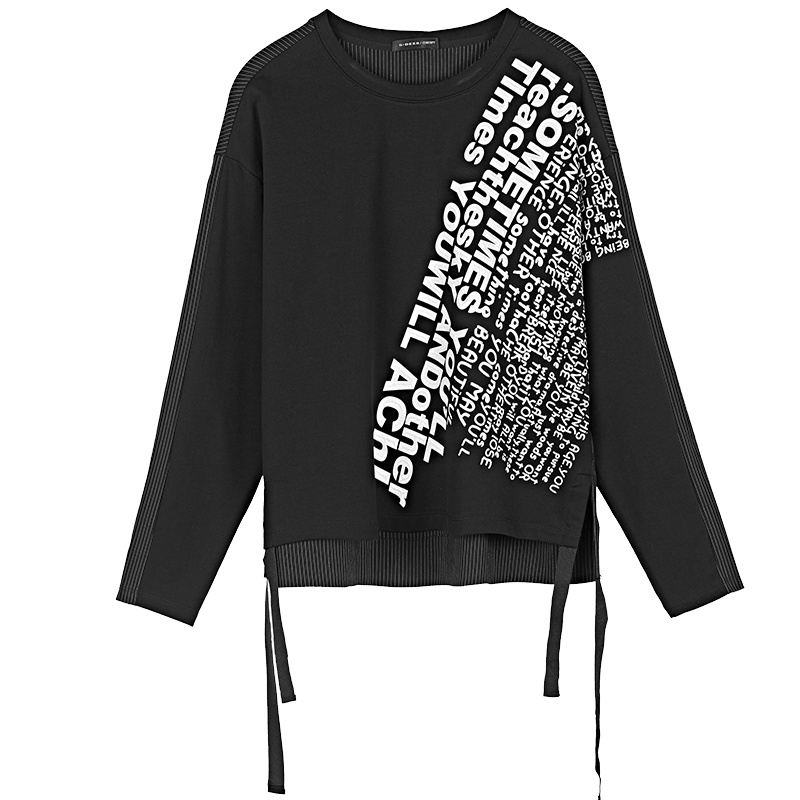 sdeer圣迪奥女装圆领条纹拼接字母印胶飘带装饰长袖T恤S19180240