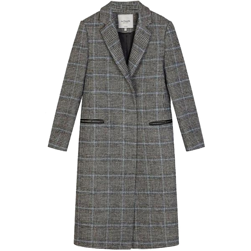 拉夏贝尔秋冬新款时尚显瘦中长款长袖格子西装 外套 呢子衣 女风衣女10012991