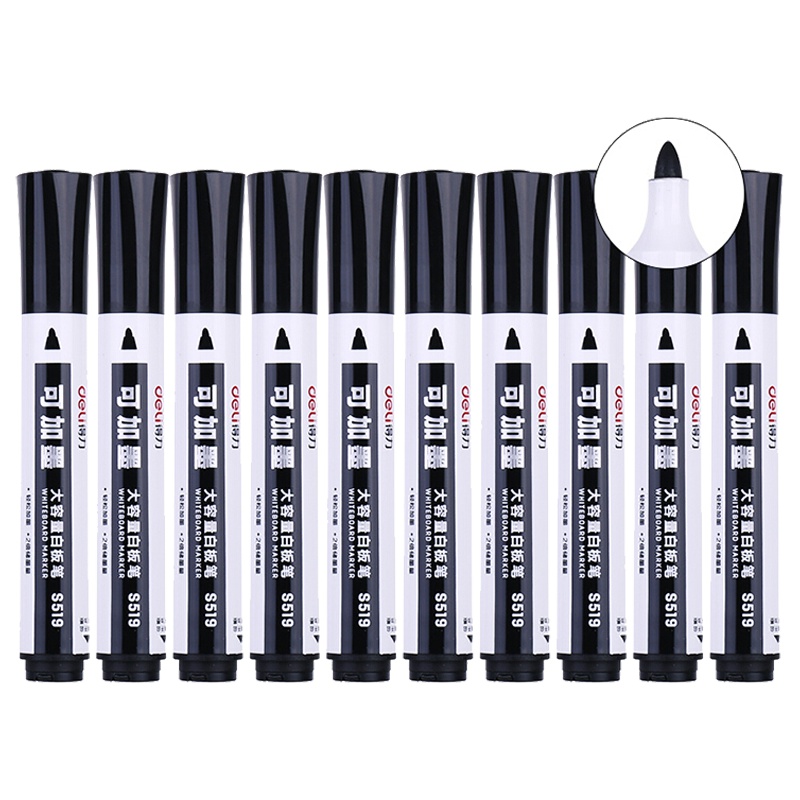 得力(deli)S519可加墨大容量2盒10支/盒白板笔水性可擦白板笔墨水教学白板笔黑色画板笔易擦黑板笔办公用品黑/蓝/