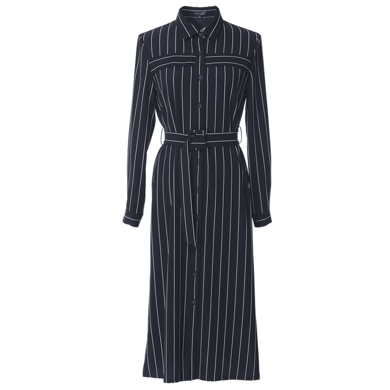 欧昵雪秋装单排扣系带连衣裙女中长款长袖条纹衬衫裙