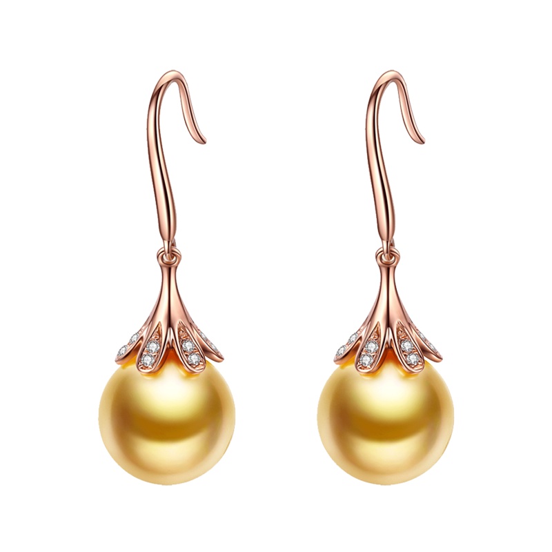 brir佰色传情9-10mm正圆南洋金珠耳环18K金钻石轻奢简约海水珍珠耳饰耳吊