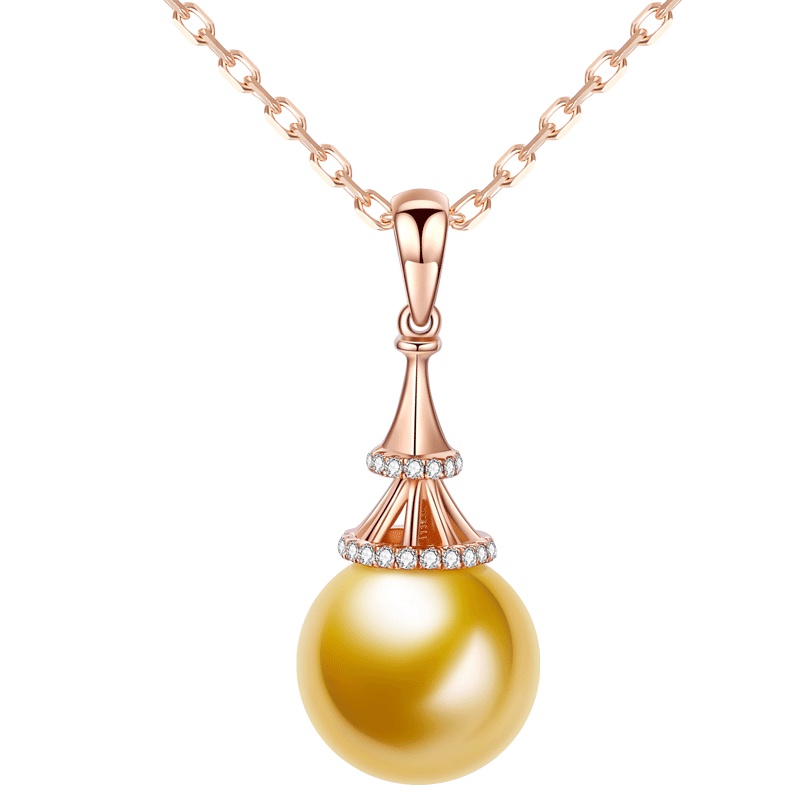 brir 佰色传情 9-10mm正圆强光海水珍珠南洋金珠吊坠18K金钻石正品