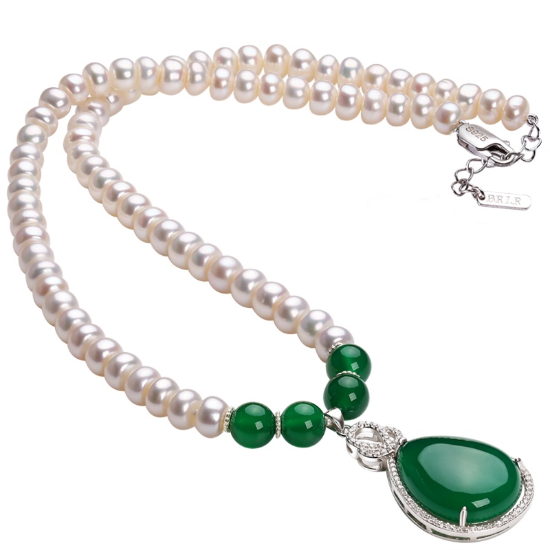 佰色传情BRIR珍珠项链女淡水纯银吊坠玉髓玛瑙款母亲节妈妈