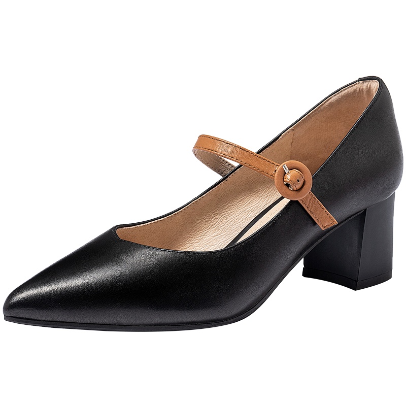 百田森秋季新款玛丽珍鞋女复古撞色一字带尖头粗跟职业单鞋