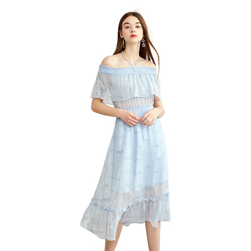 美丽衣橱一字肩收腰显瘦学生碎花裙2019秋季新款时尚甜美连衣裙