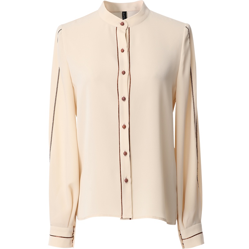 欧昵雪通勤立领撞色长袖复古衬衣修身显瘦衬衫女上衣