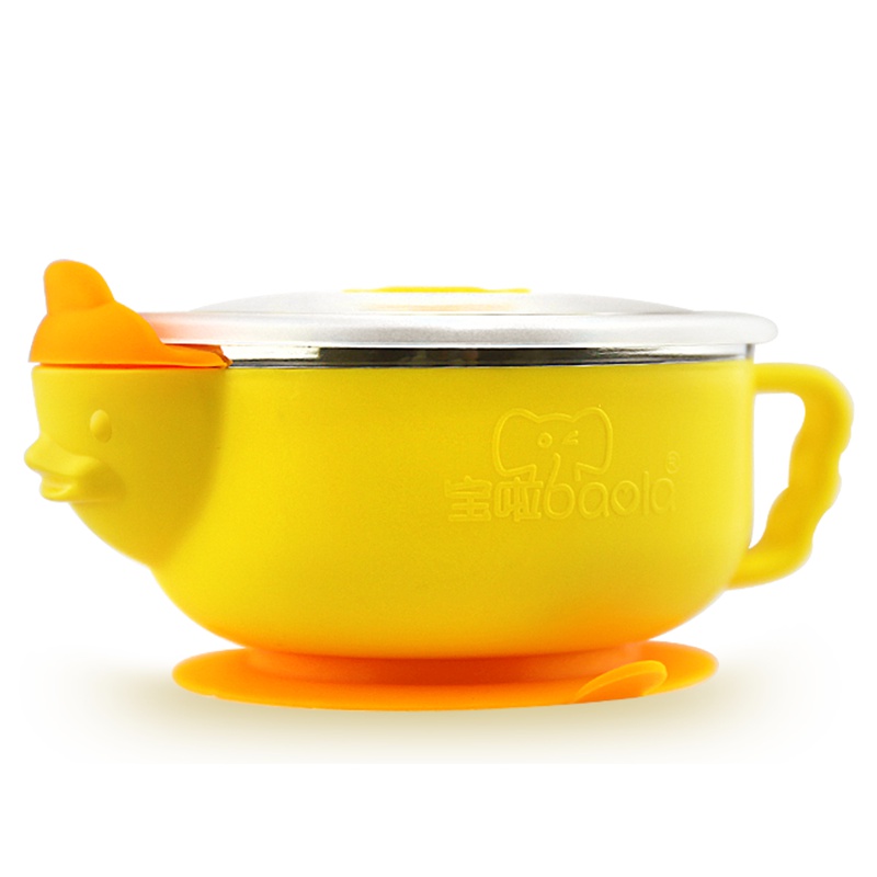 宝啦母婴婴幼儿童餐具婴儿保温碗儿童不锈钢注水吸盘碗宝宝辅食碗训练餐具卡通防摔---3135鸭子碗