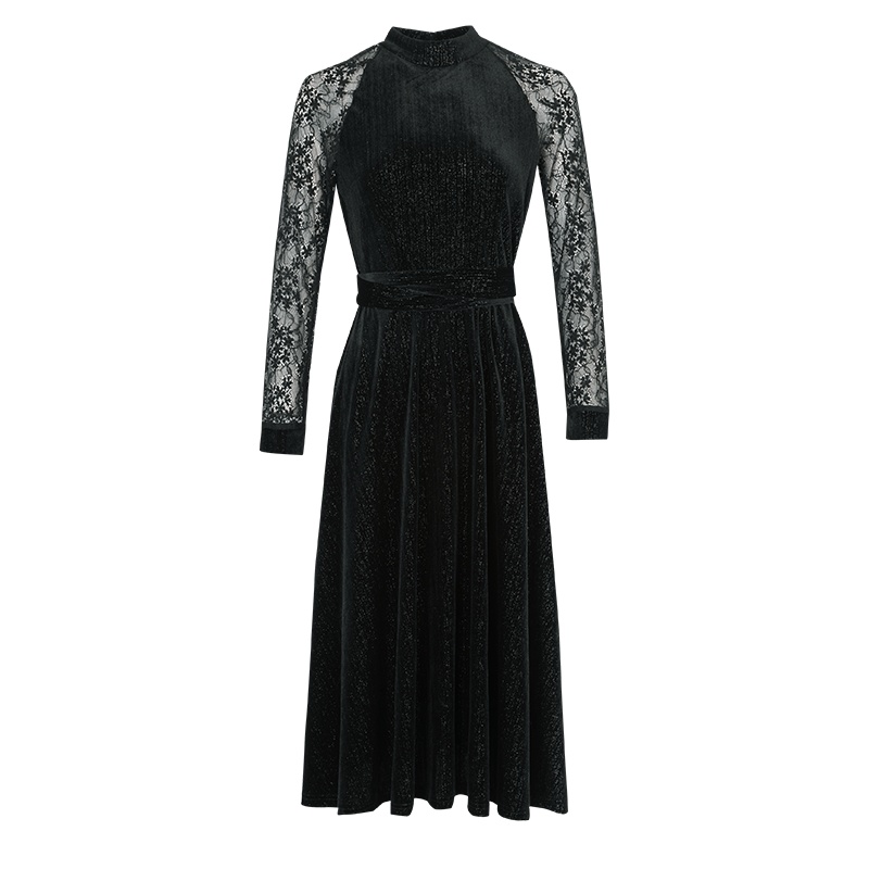 晚白2021春季新品时尚修身显瘦纯色立领长袖A字丝绒裙连衣裙女