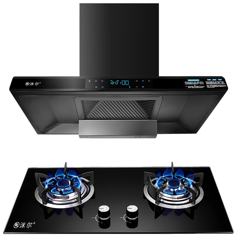 洣尔烟灶套装TLA+CC08顶吸式欧式21m³大吸力抽油烟机12T天然气5.0kW猛火灶台嵌两用钢化玻璃油烟机灶具套装