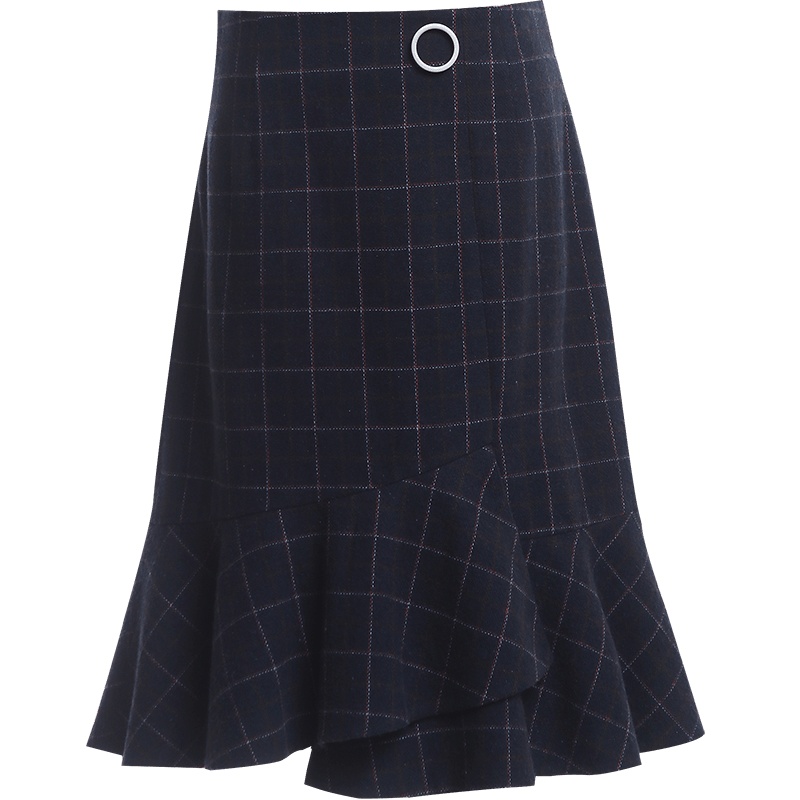 欧昵雪秋冬格子毛呢半身裙女不规则荷叶边包臀鱼尾裙