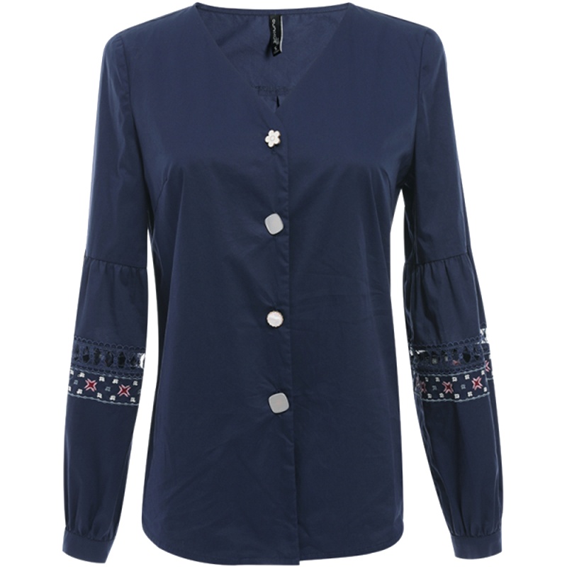 欧昵雪V领拼接镂空绣花长袖纯棉小衫女洋气显瘦上衣