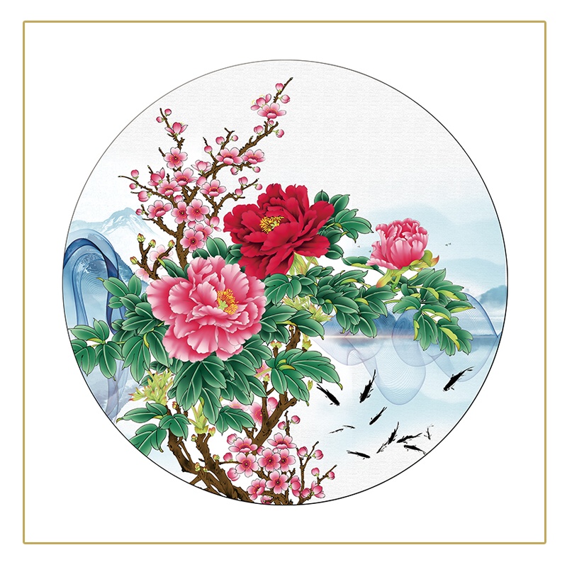 红绿蓝博艺牡丹花玄关挂画新中式花开富贵吉祥风水国画牡丹图客厅圆形装饰画