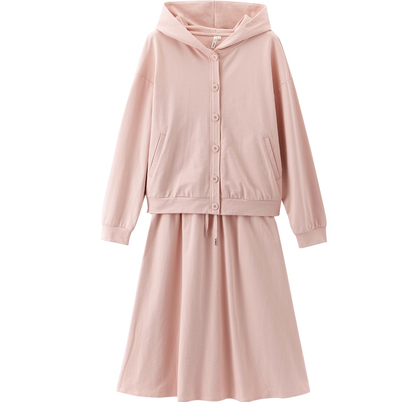 茵曼套装裙2019秋装新款藕粉色连帽卫衣配A摆半身裙休闲两件套女