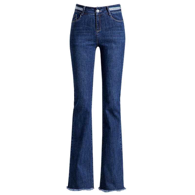 恒源祥牛仔裤女春夏新款蓝色高腰微喇裤流苏毛边休闲长裤棉质