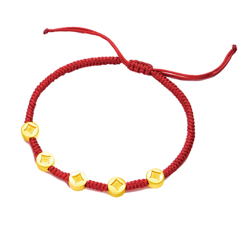 周大福“旺到飞起”金钱币黄金转运珠红绳手链R21371