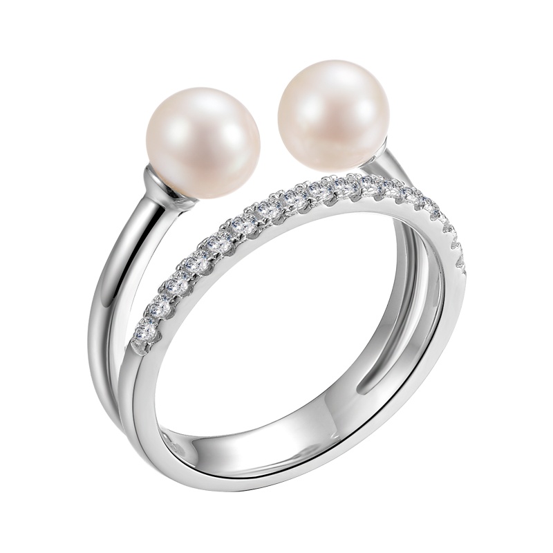 京润珍珠环曲 S925银淡水珍珠戒指女士 5-6mm 白色 近圆形 珠宝女 珠宝宠自己送妈妈