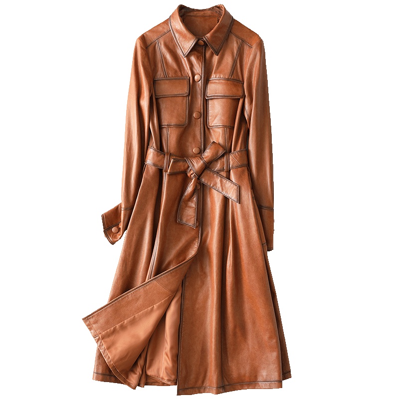 憨厚皇后 2019春新款海宁真皮皮衣长款修身大衣女时尚绵羊皮外套W