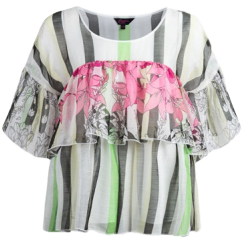 【福利款】拉夏贝尔印花混色宽松蕾丝雪纺T恤