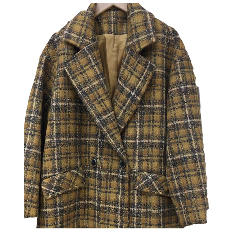 简洛卡2019冬季新款羊毛格子中长款大衣外套