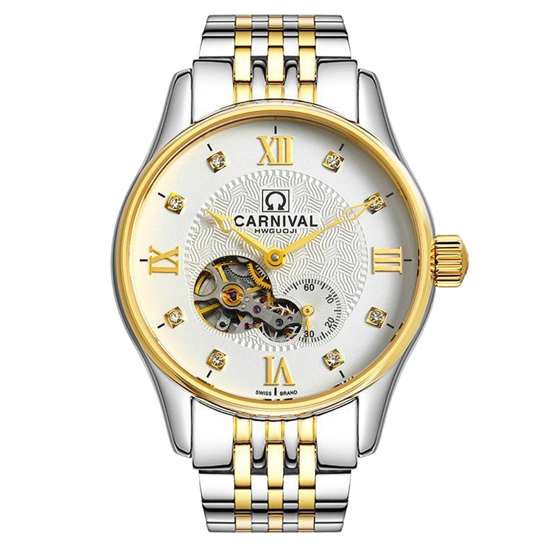 瑞士嘉年华CARNIVAL手表男士全自动机械表 男多功能商务休闲男表 皮带时尚复古潮流钢带腕表 镂空钢带黑面8612G