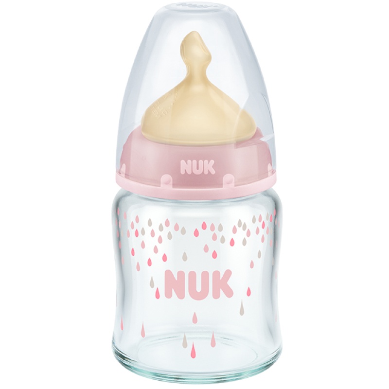 NUK耐高温120ml宽口玻璃彩色奶瓶带初生型乳胶中圆孔奶嘴(颜色随机)