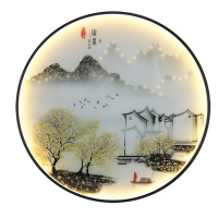 克罗斯塔 简约现代装饰山水壁画客厅餐厅入户玄关轻奢晶瓷山水画圆形LED带灯壁画壁灯