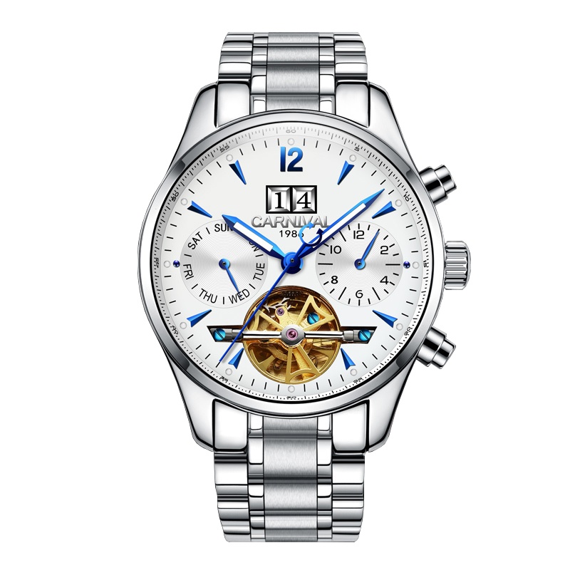 瑞士嘉年华Carnival正品新款全自动机械表 男时尚镂空手表 精钢金属飞轮男士防水夜光男表 休闲日历星期8730