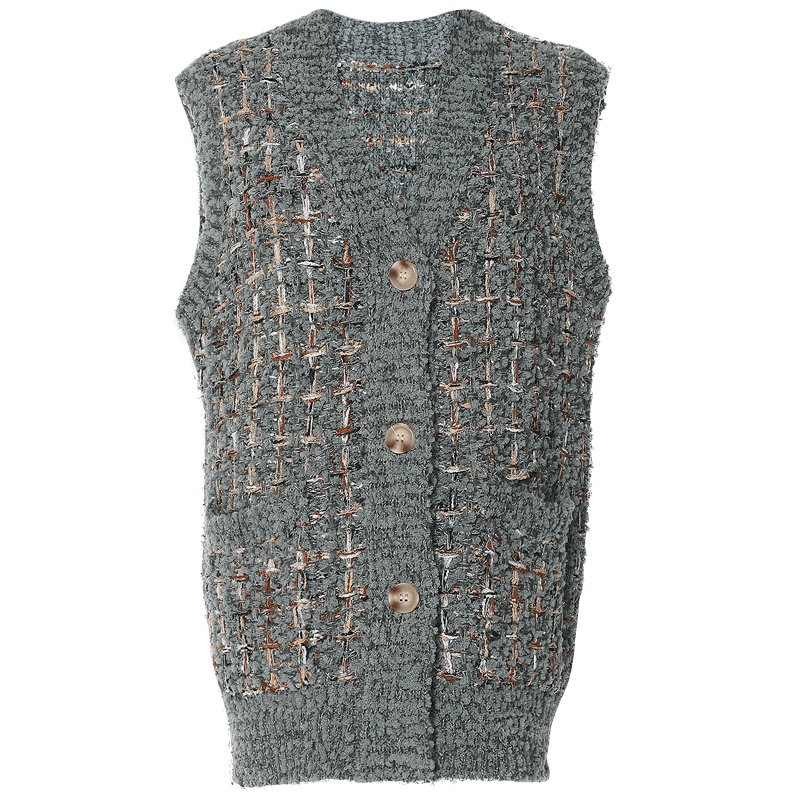 欧昵雪亮丝格子宽松时尚毛衣马甲女无袖马甲外套开衫