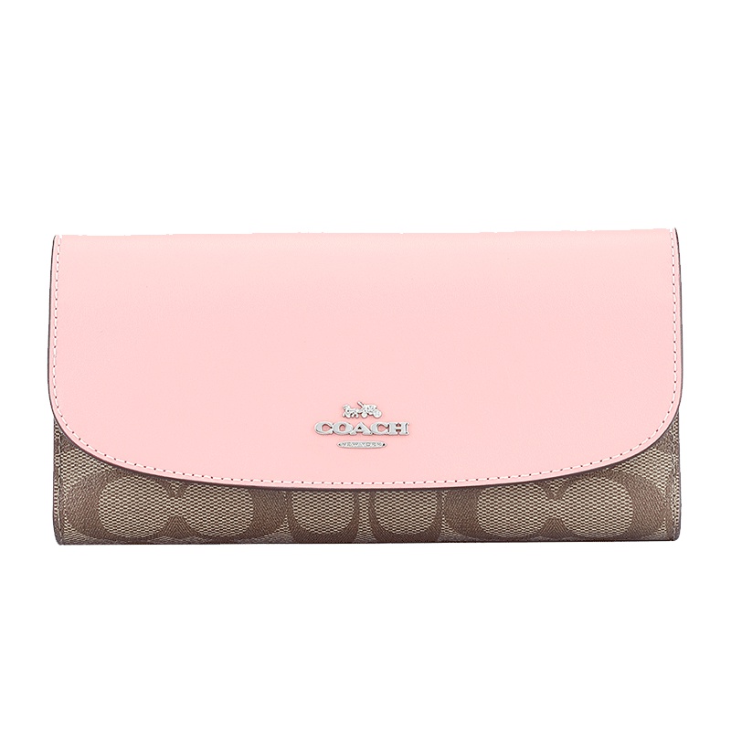 COACH 蔻驰 奢侈品 女士卡其粉色人造革长款钱包钱夹