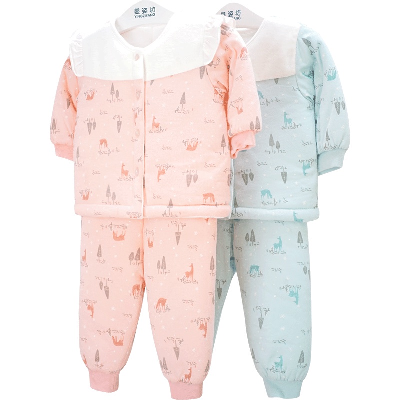 婴姿坊冬季新生儿前开扣螺纹袖口收脚裤套装男童女童夹棉加厚两件套 2色 66-100cm 0-3岁