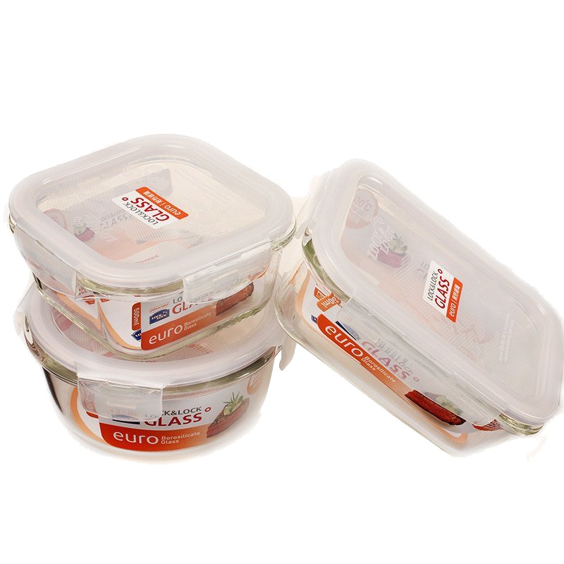 乐扣乐扣(Lock&Lock)保鲜盒四面锁扣格拉斯耐热玻璃饭盒餐盒 3件套装