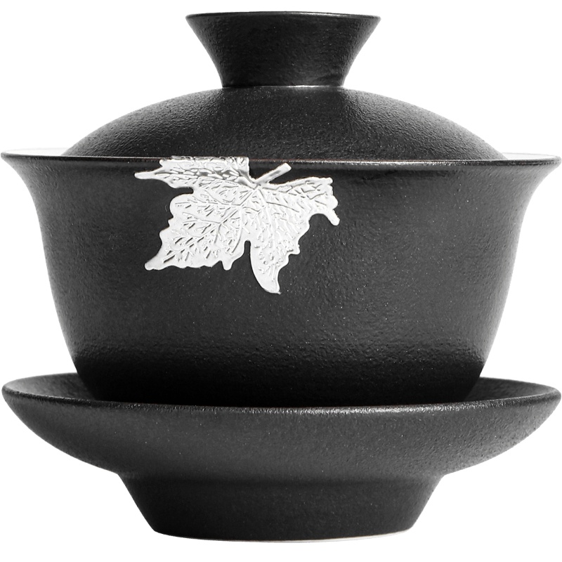 領藝 黑陶路宝盖碗茶杯陶瓷家用三才碗茶碗镶锡功夫泡茶具大号单个