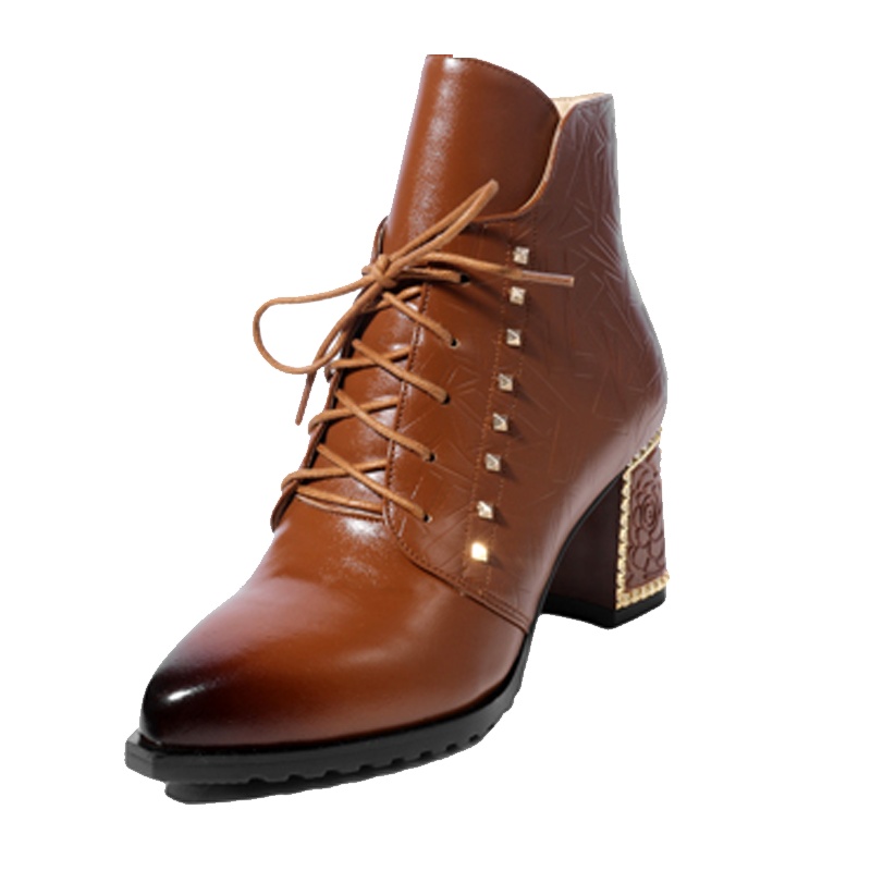 品点(Pandell)秋冬新款粗跟牛皮马丁靴系带百搭真皮女靴尖头短靴