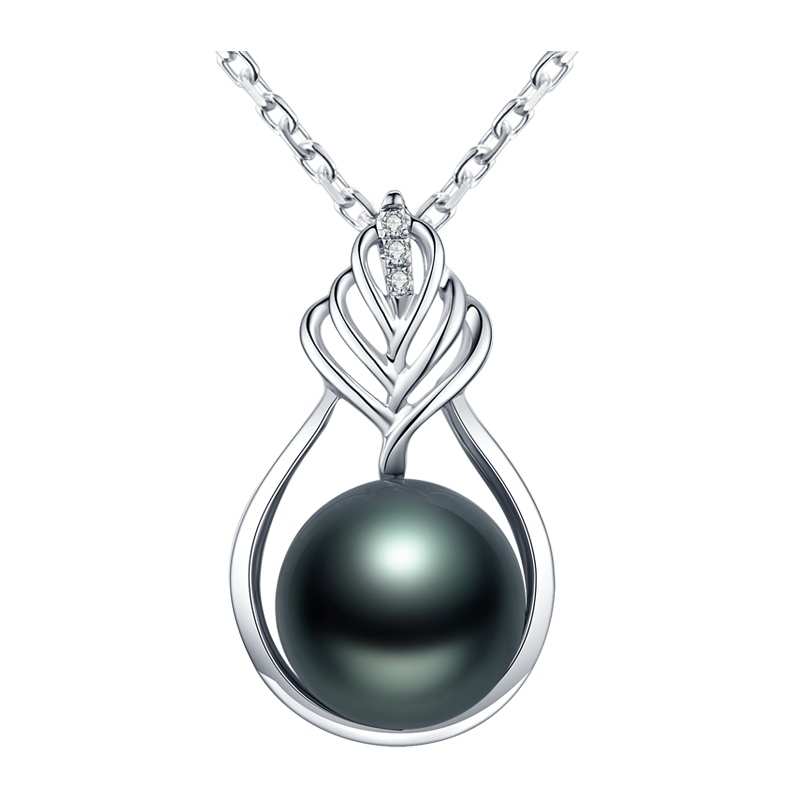 brir 佰色传情正圆9-10mm大溪地黑海水珍珠吊坠正品女18k金钻石