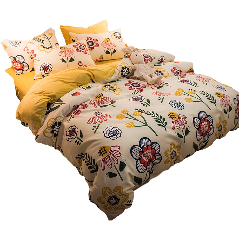 绘窝(HuiWo)家纺 水晶绒棉加绒法兰绒可爱卡通四件套水洗棉雪貂绒牛奶绒床笠纯色a棉b绒被套床单床上用品套件