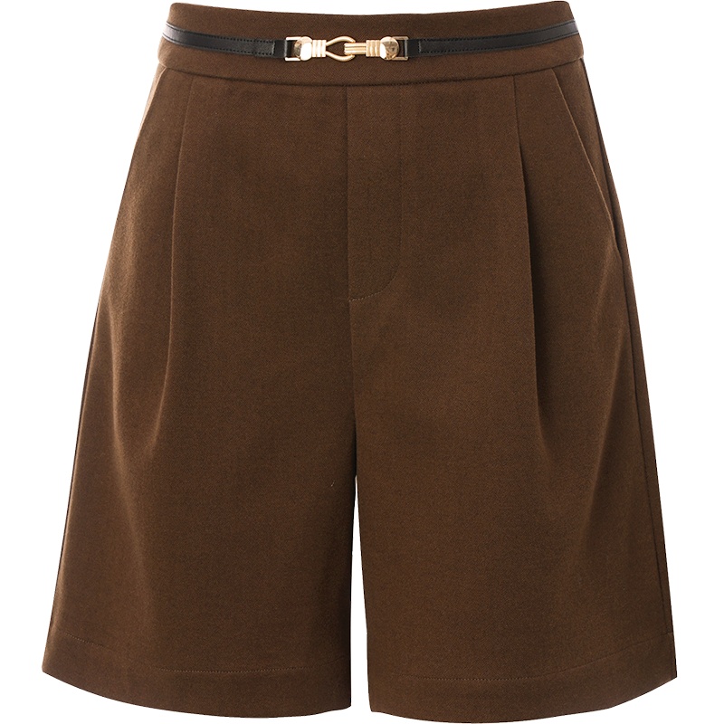 OUNIXUE欧昵雪 | [时尚毛呢短裤]秋冬季金属装饰高腰斜插袋收褶直筒休闲裤女