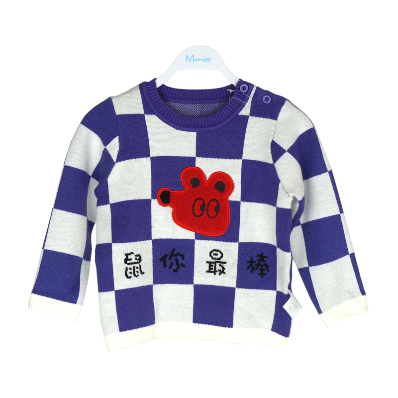 moomoo莫莫童装703042男婴童毛衣新春趣味格子毛衣2020春新款毛衫