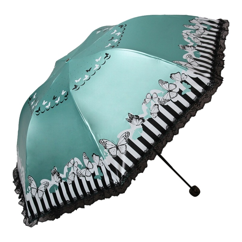 天堂伞 条纹蝴蝶 三折黑涤彩胶防紫外线遮阳伞蕾丝花边公主晴雨伞 L33127E湖绿