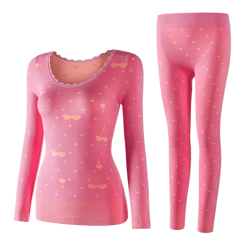 俞兆林秋冬新款 圆领蕾丝修身美体保暖内衣套装 可爱图案