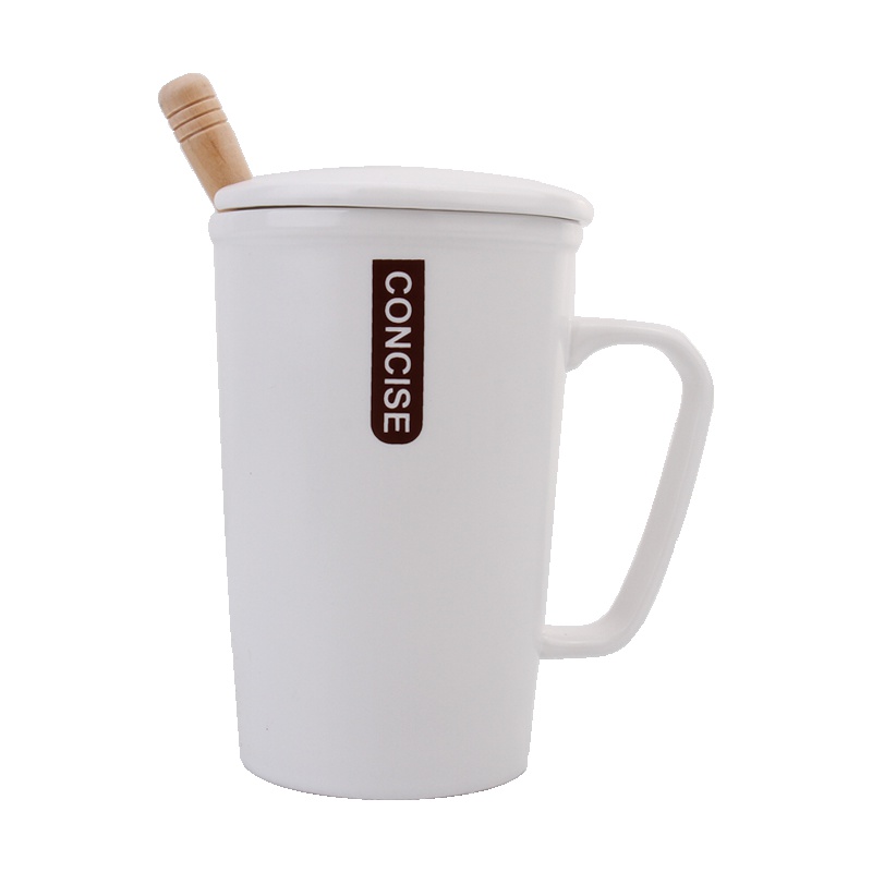 贝瑟斯 简约马克杯经典款陶瓷水杯咖啡杯牛奶杯办公室杯子带盖带勺 白色380ml