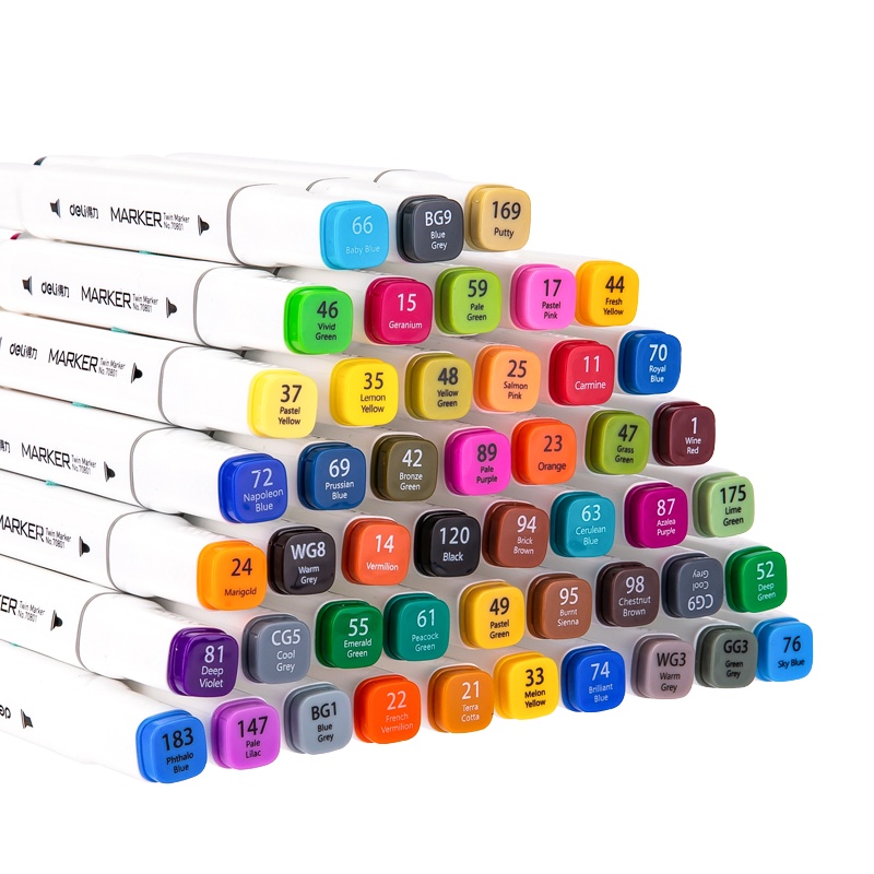 得力马克笔48色双头方杆白杆学生绘画美术设计动漫水彩笔细头宽头手绘小学生勾线笔记号笔70801-48