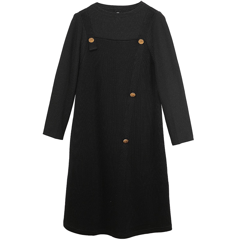 千仞岗2021春夏新款女士连衣裙长袖A字收腰黑色显瘦简约裙子